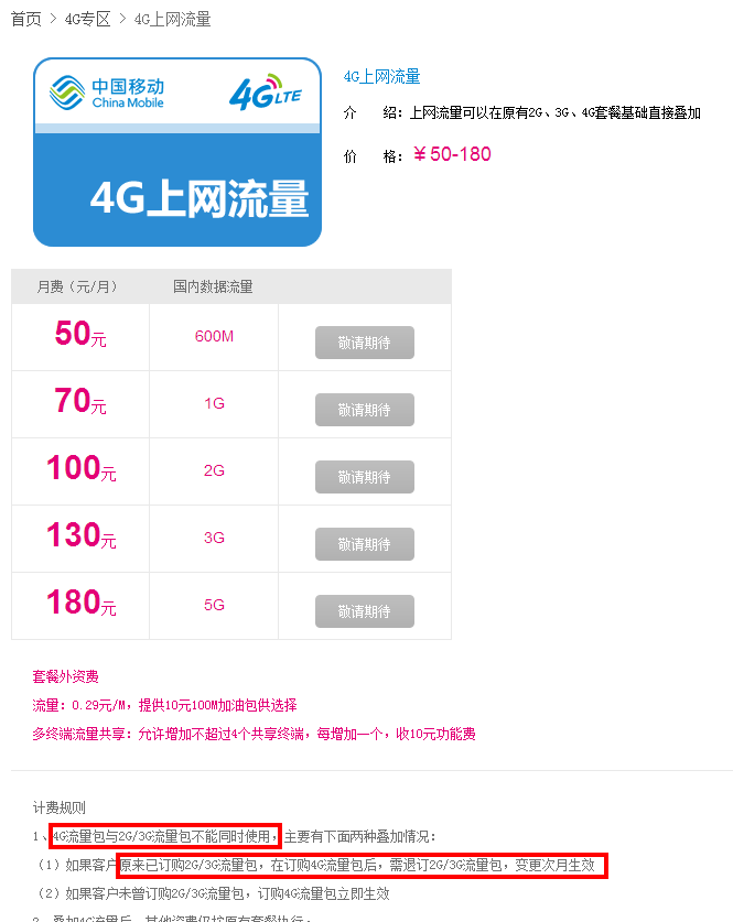 中国移动4G上网流量包